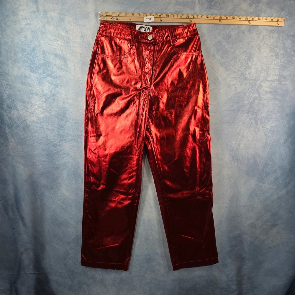 Amy Lynn Metallic Red Faux Leather High Waisted Straight Leg Pants Womens Size M